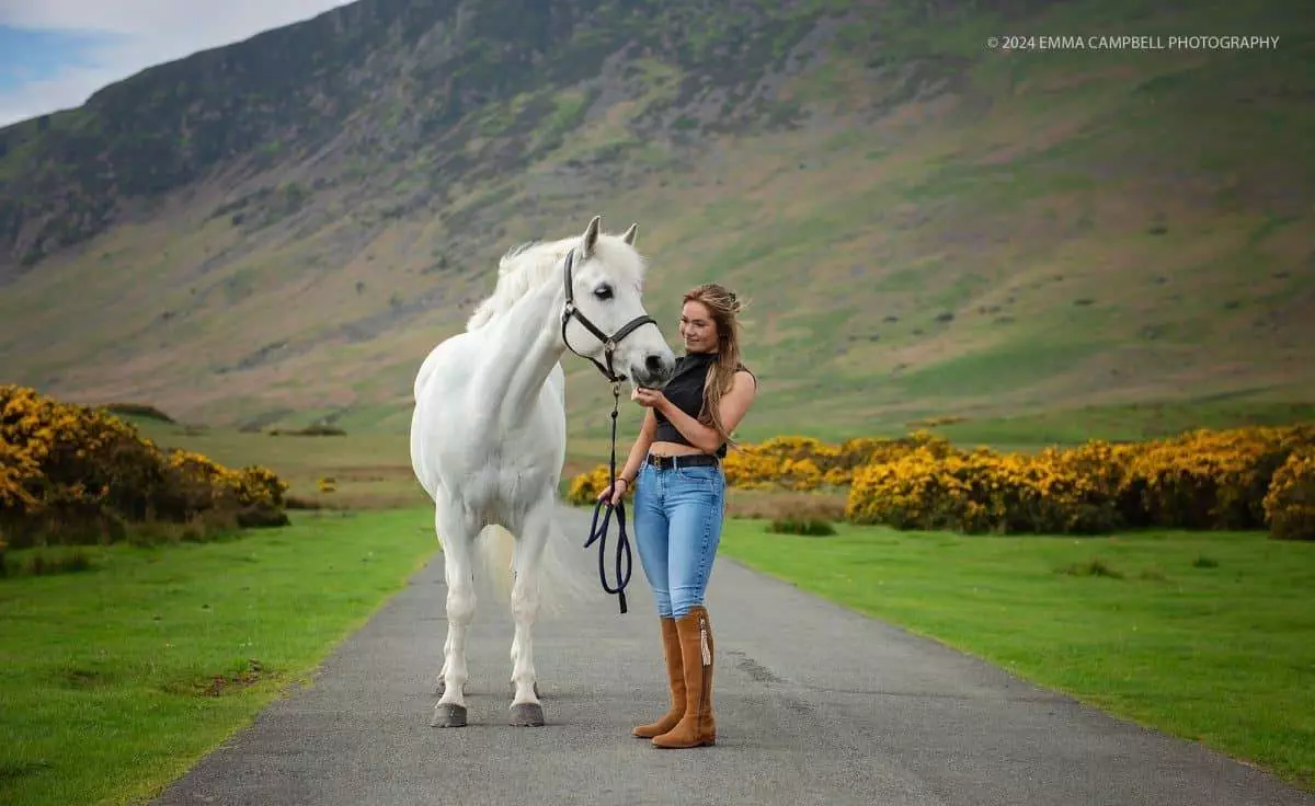 Connie modeling on her horse Flip - for an equine portrait session with Digital Camera magazine, Cumbria