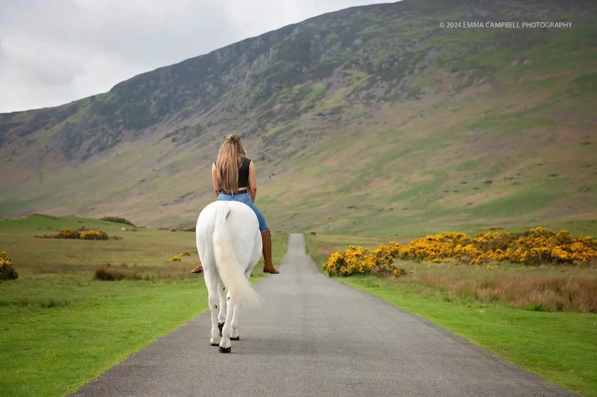 Connie modeling on her horse Flip - for an equine portrait session with Digital Camera magazine - with equine photographer Emma Campbell
