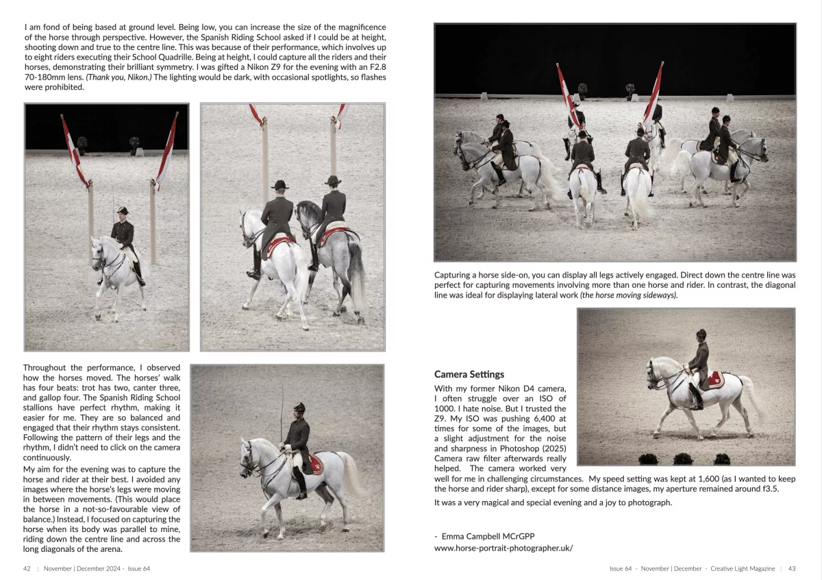 Creative Light Magazine - Low Light and Dancing Horses, by Emma Campell - photographing the Spanish Riding School.
